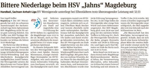 Volksstimme Spielbericht zum Auftreten der 1. Mannschaft beim HSV Magdeburg